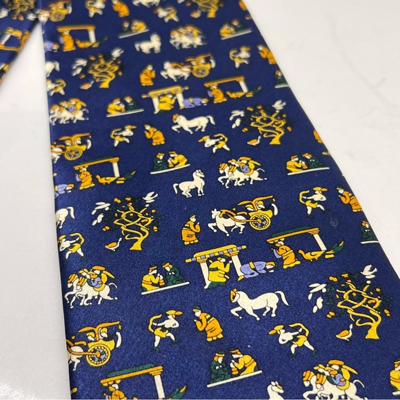 LANBO Dark Blue Cream Gold Green Chinese / Horse Print 100% Silk Neck Tie 57” - Picture 3 of 9